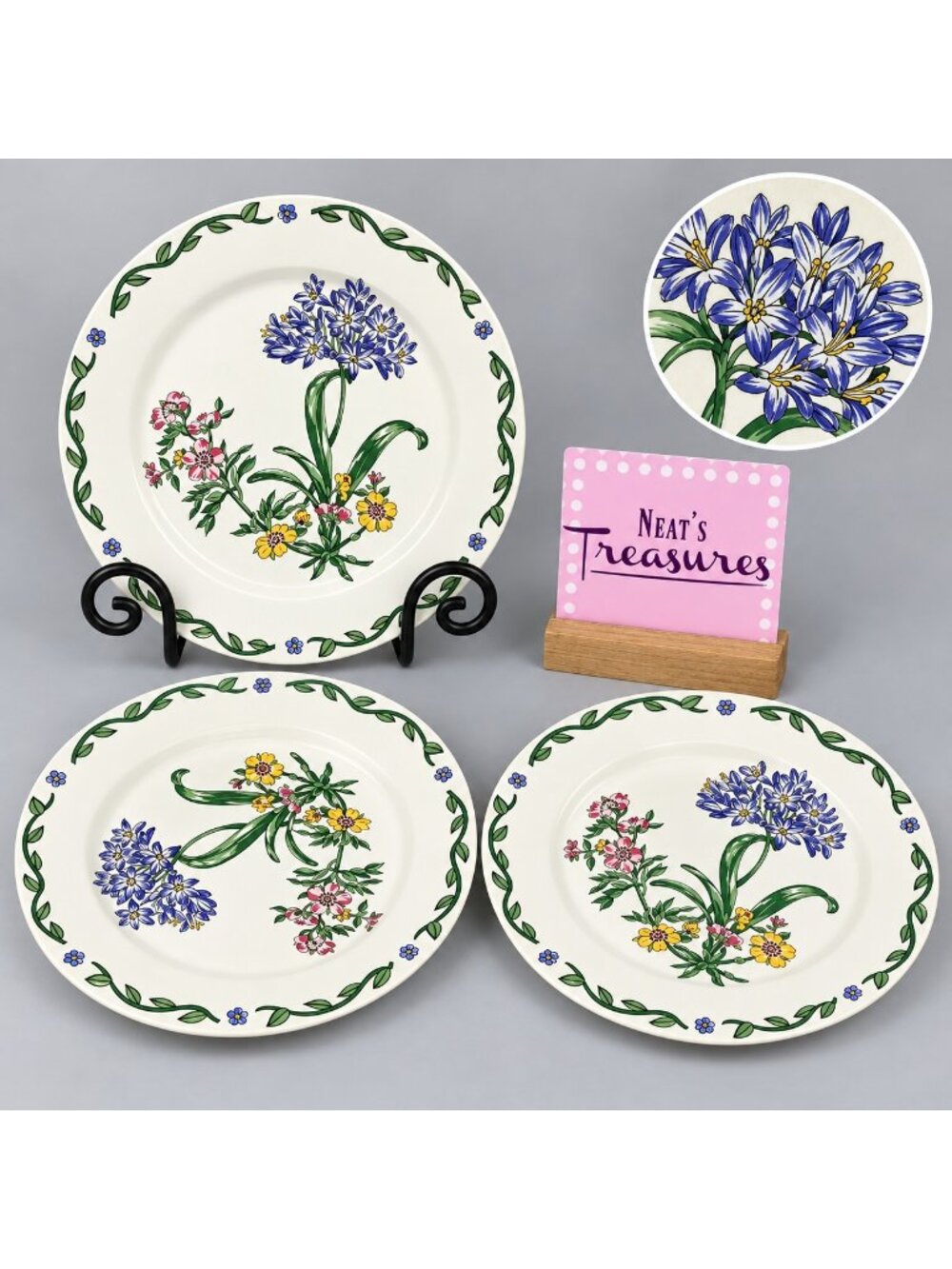 International Tableworks TERRACE BLOSSOMS Floral Stoneware Salad Plates Set 3